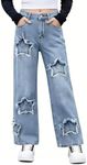 Jiquruby Girls Jeans High Waisted Baggy Denim Pants Star Decor Wide Leg Casual Fashion Streetwear 12-13 Years