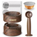 Reusable Vertuo Pod Refill Kit for Nespresso: CAPMESSO Aluminum Foil Lids for Nespresso Vertuo Pods - 100 PCS Foil Seal Cover for Reusable Nespresso Pods Vertuo (1 Wood Grain Base + 100 Lids+ 1 Scoop)