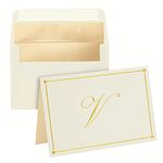 Pipilo Press Gold Foil Letter V Personalized Blank Note Cards with Envelopes 4x6, Initial V Monogrammed Stationery Set (Ivory, 24 Pack)