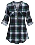 Business Tops for Women Office,Tanst Lady Henley V Neck Roll Up Sleeve Simple Design Roomy Stretchy Loose Fit Casual Work Lightweight Front Pocket Buffalo Plaid Top Knitted Casual Clothes Green M