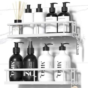 YASONIC Shower Caddy, 100% Rustproof Bathroom Shelves with Hooks, Large Capacity Shower Shelf No Drilling, Wall-Mounted Adhesive Shower Storage (2 Pack White)