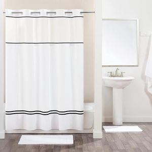 Hookless It's A Snap! Monterey Shower Curtain, 3-in-1 Shower Curtain Set Includes Fabric Shower Curtain with Sheer Top Window, Flex-On Rings & PEVA Liner, 71" x 74", White/Black