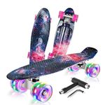 BELEEV 22 inch Skateboard Complete Cruiser Mini Skateboard for Kids Teens Adults & Beginners, PU LED Flashing Wheels with All-in-One Skate T-Tool (Galaxy Purple)