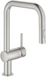 GROHE Minta - Single Lever Kitchen Mixer Tap with Pull-Out Spray (2 Spray Options, High U-Spout, 360° Swivel Range, 46 mm Ceramic Cartridge, Easy to Install, Tails 3/8 Inch), Supersteel, 32322DC2