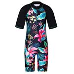 HUAANIUE Long Swimsuit Girls Swimming 1pcs Swimwear UPF 50+ UV Sunsuit with Zipper 4-12Y Summer Swimming Sportswear(BlackFlower,14A)