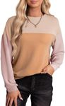 EVALESS Womens Long Sleeve Crewneck Shirts Ladies Casual Color Block Lightweight Knitted Tshirts Tops for Women Loose Fit Light Khaki X-Large