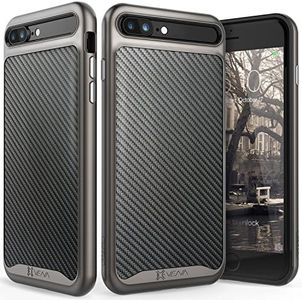 iPhone 8 Plus Leather Case, Vena [vLuxe][Carbon Fiber Leather Back | Metallized Button] Slim Protective Cover for Apple iPhone 8 Plus/iPhone 7 Plus (4.7") (Black/Space Gray)