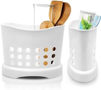 White Utensil Holder for Kitchen Counter - 2 Divided Basket Sink Utensil Holder Toothbrush Holders Fork and Spoon Organizer Bathroom Caddy - White Plastic Utensil Crock Bathroom Toothbrush Holder