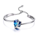 AOBOCO Sterling Silver Love Heart Adjustable Bangle Bracelet for Women with Crystals, Birthday Anniversary Jewellery Gifts for Mum Wife Girlfriend Her (Blue)
