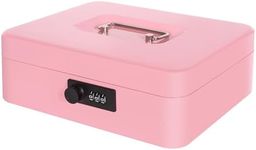 Cash Box with Money Tray and Combination Lock, Metal Money Box for Cash Register Petty Cash Lock Box for Money Safe 9.84" x 7.87" x 3.54" Pink