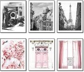 HoozGee Vintage Fashion Paris Wall Art Prints Black and White Canvas Poster Eiffel Tower Pink Flower Doors Windows Pictures Photos Wall Decor for Office Bedroom Living Room (8"x10" UNFRAMED)