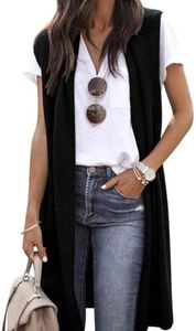 ZXZY Womens Sleeveless Cardigan Long Open Front Tunic Vests Casual Lightweight Black Sweater Vest Tops for Women, Black M