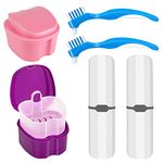 2 Denture Case with 2 Denture Brush & 2 Portable Brush Box, Denture Brush Kit for Travel, Denture Bath Cup with Strainer & Lid, Storage Soak Container Retainer Cleaner, ï¼Ë†Pink & Purpleï¼â€°