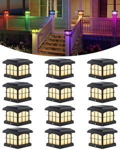PARTPHONER RGBCW Solar Post Lights 12-Pack, 9 Colors 3 Modes Fence Cap Lights, Bright Solar Lights Outdoor Waterproof LED Deck Lighting for Fence Garden Deck Patio Porch Decor 4x4 Vinyl/Wood, Black