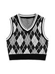 GORGLITTER Women's Argyle Geo Print V Neck Crop Sweater Vest Sleeveless Jumper Knit Pullover Tank Top Grey M