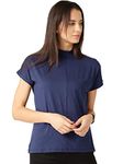 Fabricorn Plain Stylish High Neck Cotton Tshirt for women (Blue, Medium)