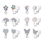 SANNIDHI® 6 Pairs Silver Earrings for Girls Stylish Clip-on Princess Stud Earrings for Girls Cute Shining Crystal Heart Butterfly Kids Earrings for Girls Jewelry Gift - Non-Piercied