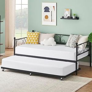 GAOMON Twin Daybed with Trundle, Modern Metal Daybed with Classic Headboard, Steel Slat Support Sofa Bed for Bedroom, Living Room, Guest Room, No Box Spring Needed, Black