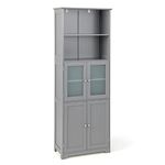 COSTWAY Bathroom Tall Cabinet, Freestanding Storage Cupboard with Tempered Glass Door and Open/Adjustable Shelves, Wooden High Floor Storage Cabinet for Living Room Kitchen Hallway (Grey)