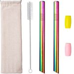 Reusable Boba Straws Metal Smoothie Bubble Tea Straw Stainless Steel Angled Tip Fat 12mm 0.5" Wide 10" Extra Long Tall Straws for Jumbo Milkshake Tapioca Pearl with Silicone Tips Cleaning Brush 2 Pcs