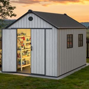 DWVO 8x12 FT Outdoor Storage Shed with Floor & Double-Layered Structure, Plastic Storage Shed with 656 cu. ft., Lockable Doors, Air Vents & Windows for Patio, Backyard, Gray