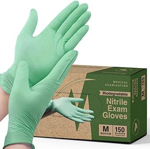 FifthPulse Biodegradable Disposable Nitrile Gloves Medium - 150 Count - Green Food Safe Cooking Gloves - Powder and Latex Free Gloves with Textured Fingertips - Home Cleaning Rubber Gloves