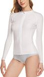 ATHLIO Women's Full Zip Front Rash Guard, UPF 50+ Long Sleeve Swim Shirts, UV/SPF Sunscreen Wetsuit Swimsuit Top SFZ81-WHT Large White