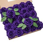 DuHouse 25Pcs Artificial Roses Flowers Fake Roses with Stems Real Touch Foam Flowers for DIY Wedding Bouquet Baby Shower Centerpiece Floral Arrangement Party Home Decor (Purple-A)