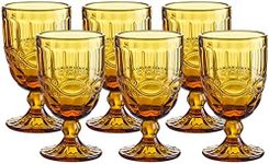 WHOLE HOUSEWARES | Colored Amber Drinking Glasses | Amber Glassware |Pressed Pattern Wine Amber Glass Goblet with Stem for Wedding | Set of 6 | 8.7 Ounce (Amber)