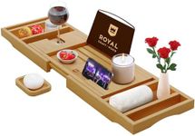 Royal Craft Wood Luxury Bathtub Caddy Tray One or Two Person Bath and Bed Tray Bonus Free Soap Holder (Natural Bamboo Color)