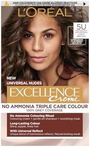 L’Oréal Excellence Permanent Hair Dye Colouring Cream, 100% Grey Coverage, With Pro-Keratin + Ammonia-Free, Universal Nudes, 5U Light Brown
