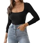 LACOZY Women Sexy Square Neck Bodysuit Long Sleeve Tummy Control Body Suits Shirts Stretch Soft Leotard Thong Top Black M