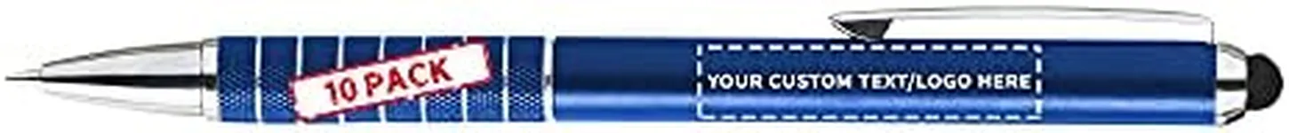 DISCOUNT PROMOS 10 Twist Action Metal Stylus Pens Pack - Customizable Text, Logo - Two in One, Smooth, Black Ink - Blue