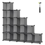 SONGMICS 16-Cube Storage Unit, Shoe Rack, DIY Shelving System, Stackable Cubes, PP Plastic Shelf, Wardrobe, Closet Divider, for Bedroom, Office, 31 x 123 x 123 cm, Grey LPC442G01