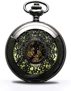 BOSHIYA Vintage Mechanical Pocket Watches for Men Luminous Steampunk Pocket Watch with Chain Black Skeleton Dial Roman Numberals Pocketwatch Gifts for Fathers Day