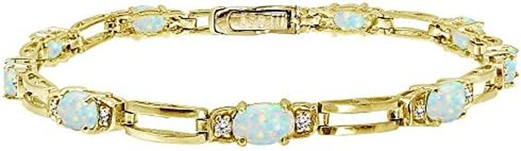 Yellow Gold Flashed Sterling Silver Created White Opal and Cubic Zirconia Oval & Bar Link Bracelet