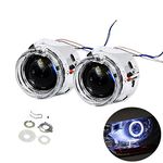 YUFANYA 2.5 Inch H1 Headlight Bixenon Projector Lens HID Hi/Lo Beam with White CREE LED Angle Eyes,Halo Rings Day Running Lights Function,Chrome Shrouds Mask,Fit H1 H4 H7 Car Motorcycle