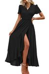 PRETTYGARDEN Women's Summer Wrap Maxi Dress Casual Boho Floral V Neck Short Sleeve Ruffle Hem Split Beach Long Dresses (Z_Black,Large)