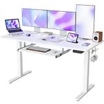 FEZIBO 63-Inch Large Height Adjustable Electric Standing Desk with Keyboard Tray, 63 x 24 Inches Sit Stand up Desk with Splice Board, White Frame/White Top