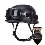 DIRERTYS Motorcycle Half Helmet,Motorcycle German Leather Half Face Helmet, DOT/ECE Approved Cap Half Shell Helmet+Goggles Retro Open-Face Helmet with Adjustable Quick Release Buckle, XXL 61-62CM