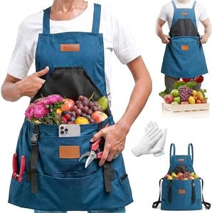 LISINUO Gardening Apron with Pockets, Waterproof Cross Back Apron for Women and Men, Harvest Apron for Field Work, Great Gardening Gift (Sky Blue)