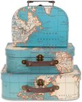 Jewelkeeper Paperboard Suitcases, Set of 3 Decorative Storage Boxes, Vintage Luggage for Birthdays, Weddings, World Map Design