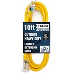 10 ft - 12 Gauge Heavy Duty Extension Cord - Lighted SJTW - Indoor/Outdoor Extension Cord by Watt's Wire - 10' 12-Gauge Grounded 15 Amp Extension Cord Splitter