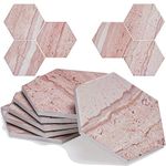 ENKORE Drink Coasters Set of 6 Beige Sandstone Designs Absorbent Ceramics, 4" in Hexagon with Cork Back Pad, Furniture Protection for Any Table Type, Wood, Granite, Glass, Marble Tabletop - NO Holder