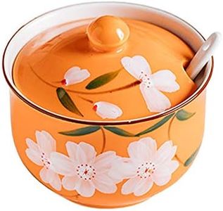 FUYU Hand-painted Flower Ceramic Condiment Pot Seasoning Jar Sugar Bowl with Lid and Spoon