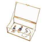 AMGSH 5.7" Golden Vintage Glass Keepsake Box | Glass Jwelry Lidded Box Decorative Glass Boxes for Display,Clear Rectangle Box Rings Bracelet Earring Organizer (5.7 x 3.5 x 2.1inch)