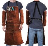 lesolar Carpenters Tool Apron Leather Welding Apron with Sleeves, Woodworking Apron for Man Women with Pockets,Heat Resistant Flame Retardant Workshop Supplies,Adjustable M to XXL 105cm(Brown)