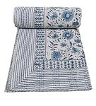 MAVISS HOMES Indian Hand Block Print Kantha Quilt Queen Size Quilt Kantha Bedspread White Quilt Cotton Kantha Throw Bedding (Twin 90 X 60 Inch, White)