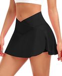 Pleated Tennis Skirt with Shorts for Women High Waist Cross Over Athletic Golf Skorts with Pockets Mini Skirt (Black, XS)