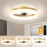 VOLISUN Low Profile Ceiling Fans with Lights and Remote,15.7in Modern Ceiling Fan Flush Mount, 3000K-6500K Dimmable Bladeless LED Fan Light,Gold Fandelier Ceiling Fans with Lights for Bedroom